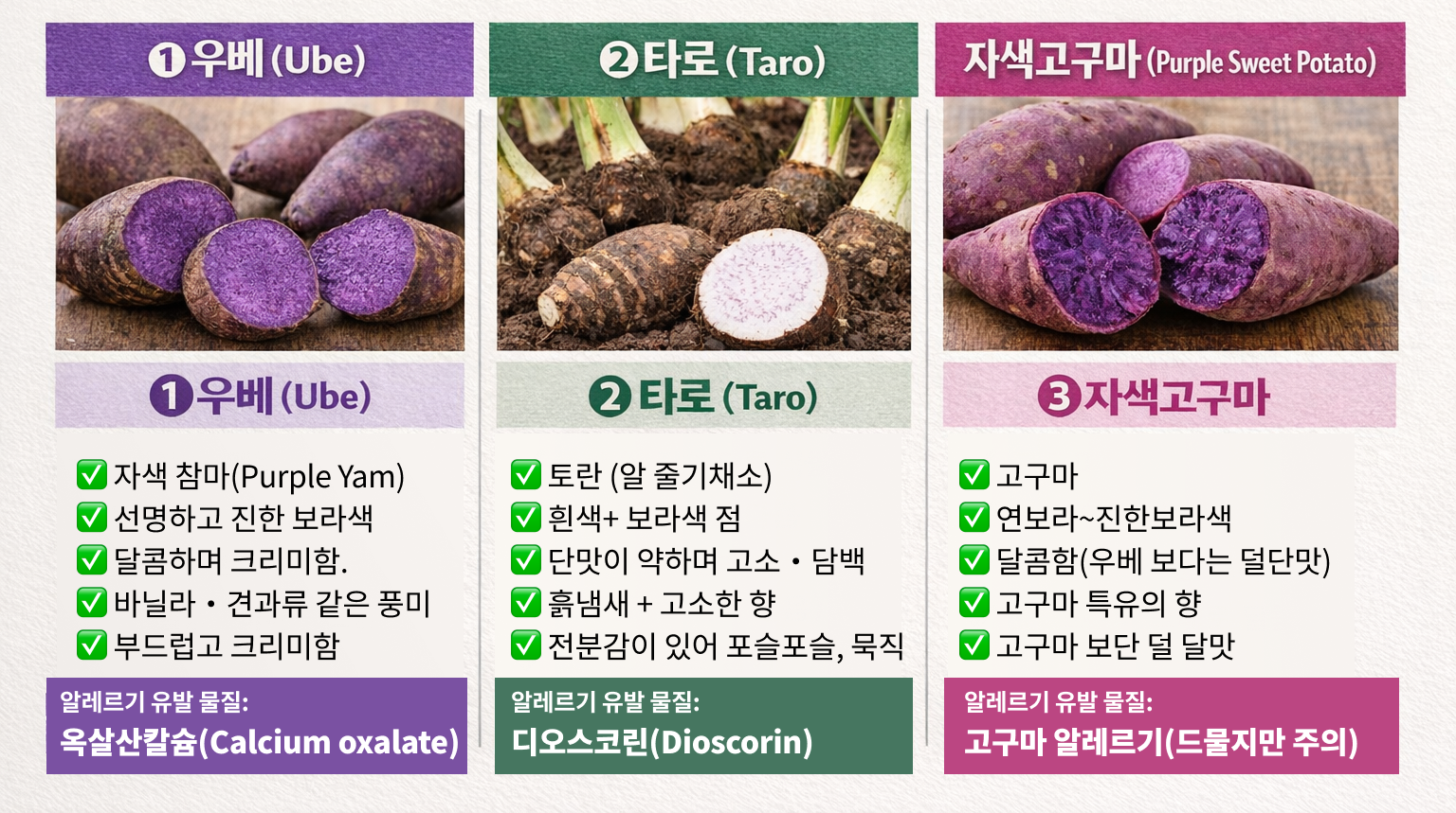 보라색을 내는 우베, 타로, 자색고구마의 차이