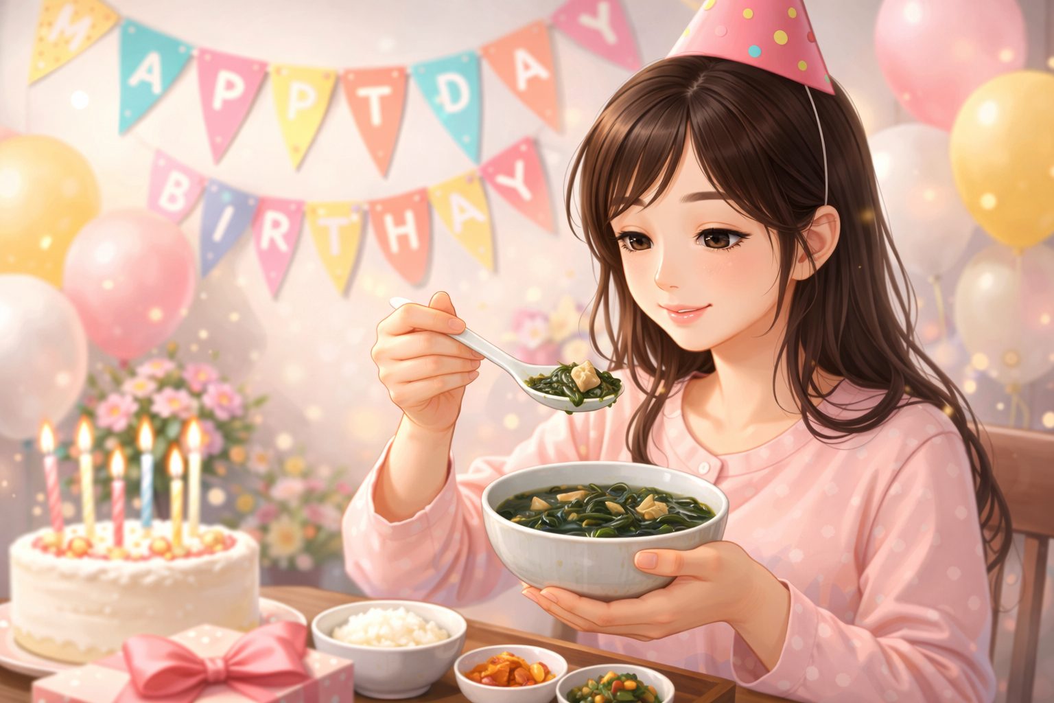 An adult woman eating Miyeok-guk for her birthday.