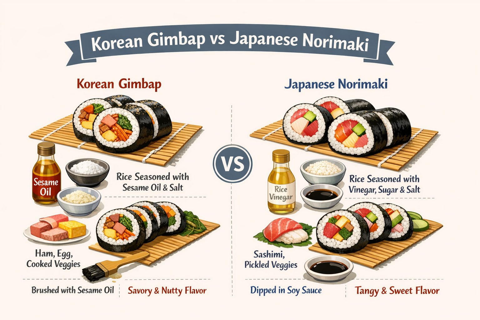 Korean gimbap features rice seasoned with sesame oil and salt, typically filled with ingredients such as ham, egg, and sautéed vegetables, while Japanese norimaki uses vinegared rice and commonly includes fresh fish and pickled vegetables—making them distinct dishes despite their similar appearance.