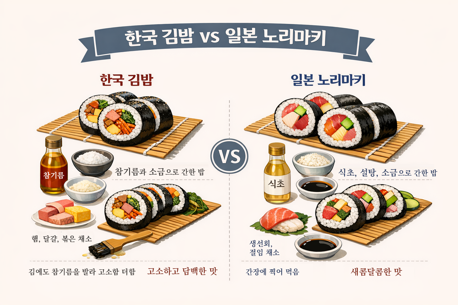 한국 김밥은 참기름과 소금으로 간한 밥에 햄과 계란, 볶은 아채 등이 들어가지만 일본 노리마키는 식초로 간을 한 밥에 신선한 회와 절인 채소가 들어가는 서로 다른 음식이다.