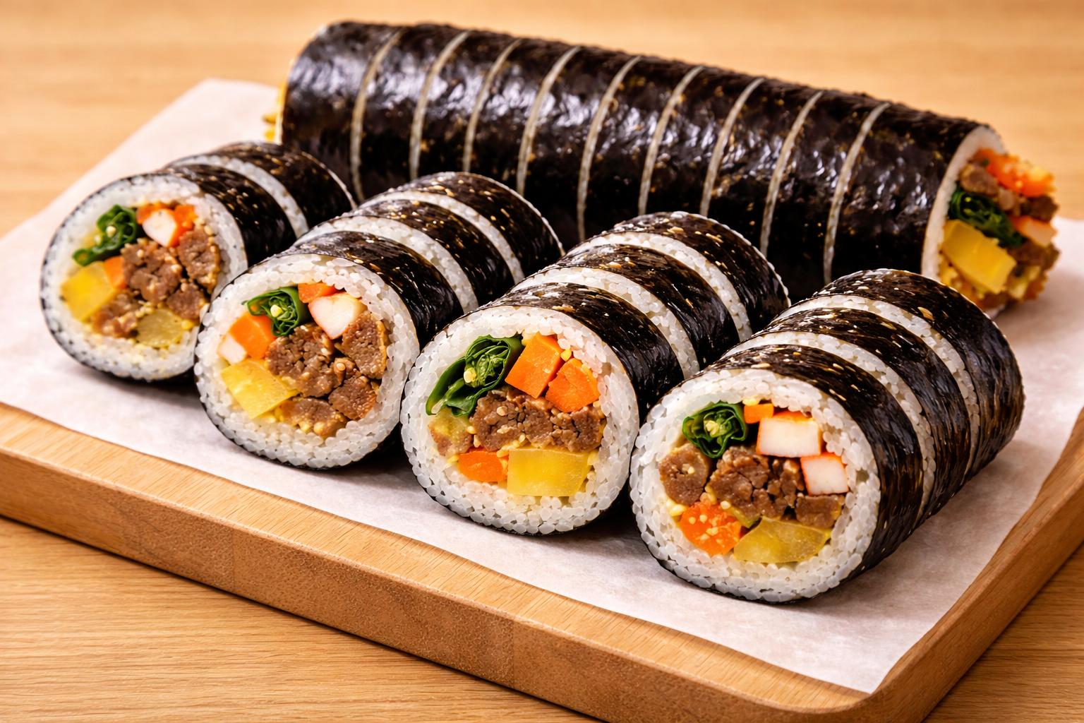 김밥이 틀 위에 놓여져 있다.