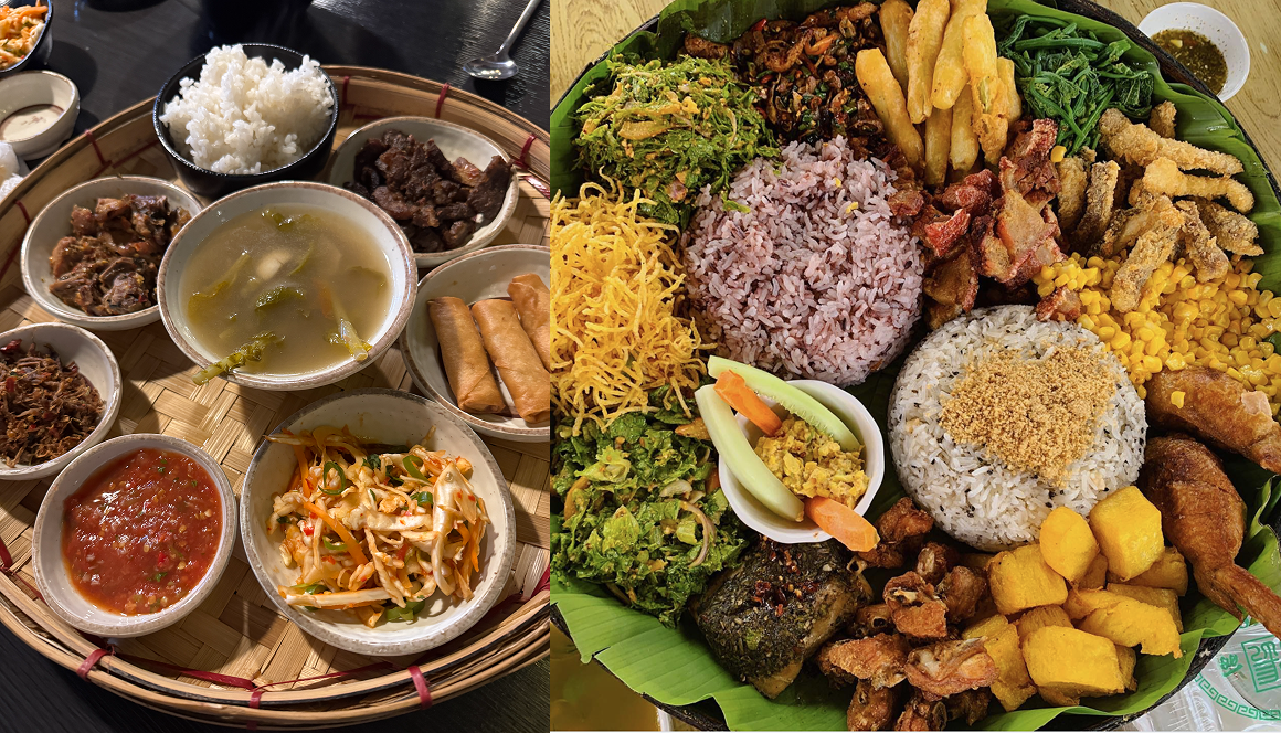 좌측에는 대나무 쟁반 위에  음식이 준비된 그릇이 놓여 있고, 우측은 바나나 잎이 깔린 대나무 쟁반 위에 그릇이 따로 없이 음식이 준비 되어 있다. 