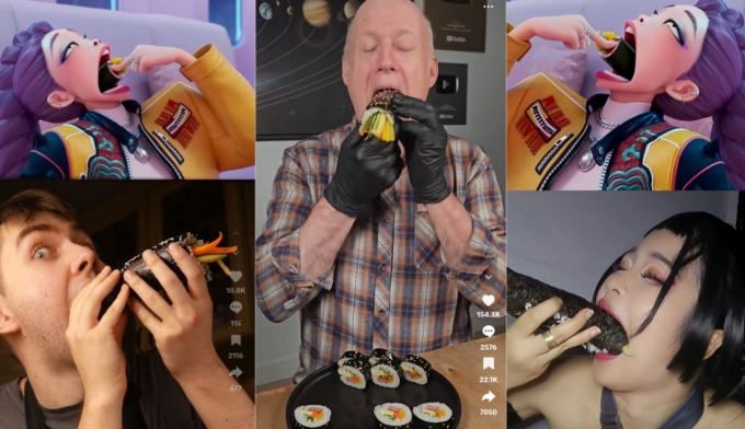 외국인들이 루미를 따라 김밥을 통째로 한입에 넣는 챌린지를 하는 모습