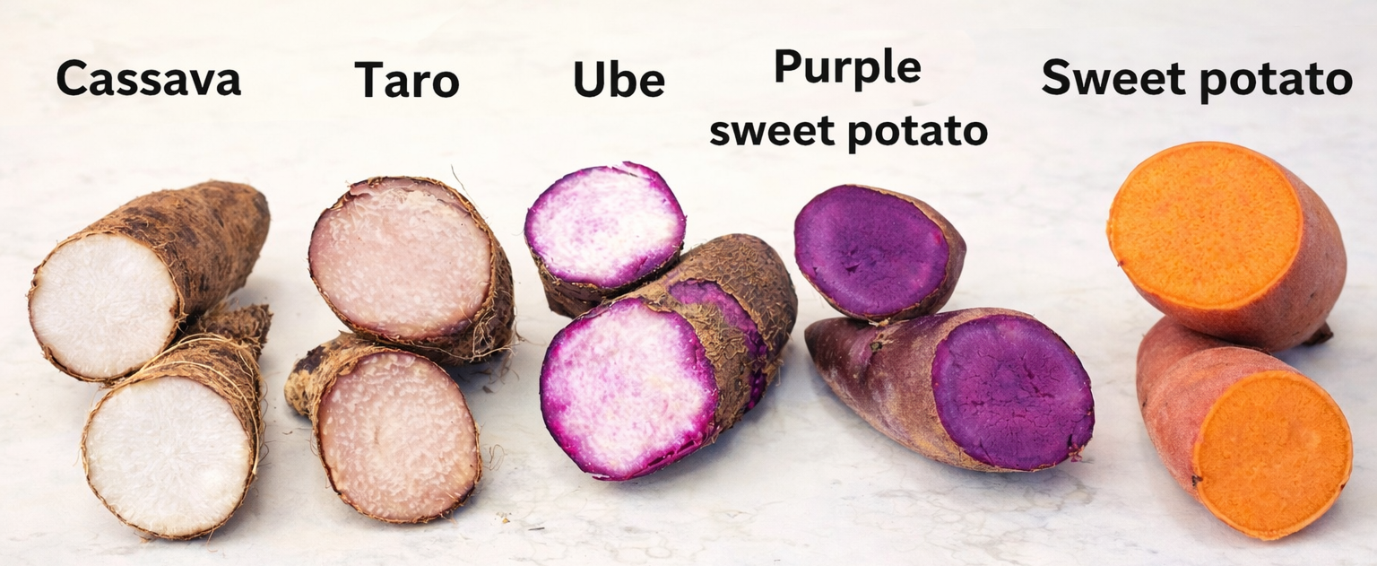 카사바, 타로, 우베, 자색고구마, 고구마의 단면 비교